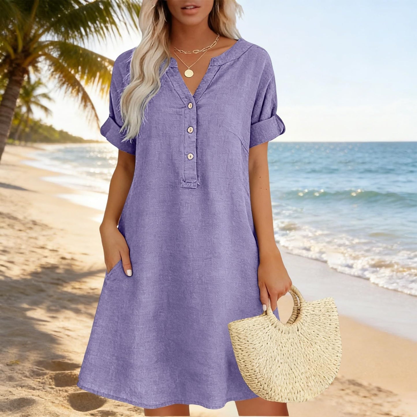 【S–2XL】👗Damska sukienka-tunika na co dzień z dekoltem w szpic i kieszeniami