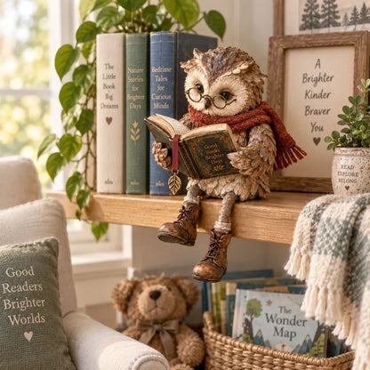 🦉 Figurka sowy czytającej – wesoła figurka na półkę przedstawiająca miłośniczkę książek w okularach i z wiszącymi butami