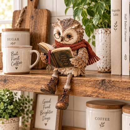 🦉 Figurka sowy czytającej – wesoła figurka na półkę przedstawiająca miłośniczkę książek w okularach i z wiszącymi butami