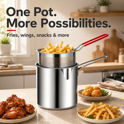 🔥Mini zestaw do smażenia – 🍟Naczynie ze stali nierdzewnej z wyjmowanym koszykiem sitowym i łyżką do potraw