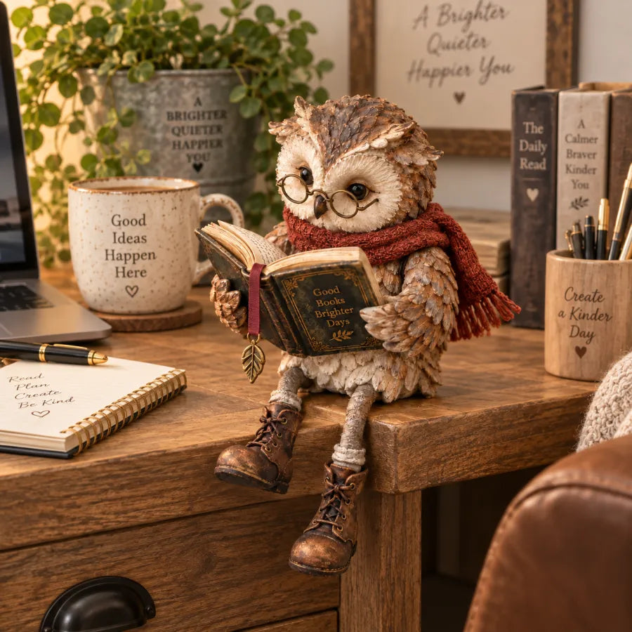 🦉 Figurka sowy czytającej – wesoła figurka na półkę przedstawiająca miłośniczkę książek w okularach i z wiszącymi butami
