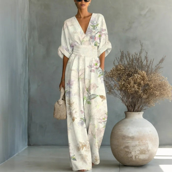 【S-3XL】🌺Elegancki damski kombinezon z nadrukiem i dekoltem w kształcie litery V