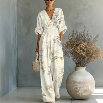 【S-3XL】🌺Elegancki damski kombinezon z nadrukiem i dekoltem w kształcie litery V