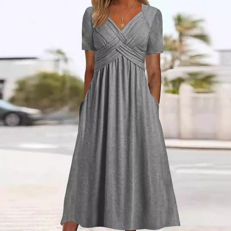 【S-3XL】👗Długie sukienki damskie z dekoltem w szpic i krótkimi rękawami
