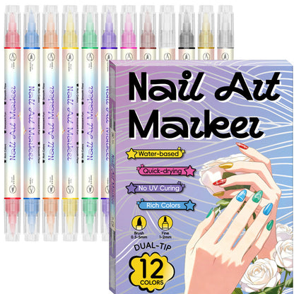 【🔥1 Zestaw 12 kolorów】💅🎨Dwustronny zestaw pisaków do zdobienia paznokci