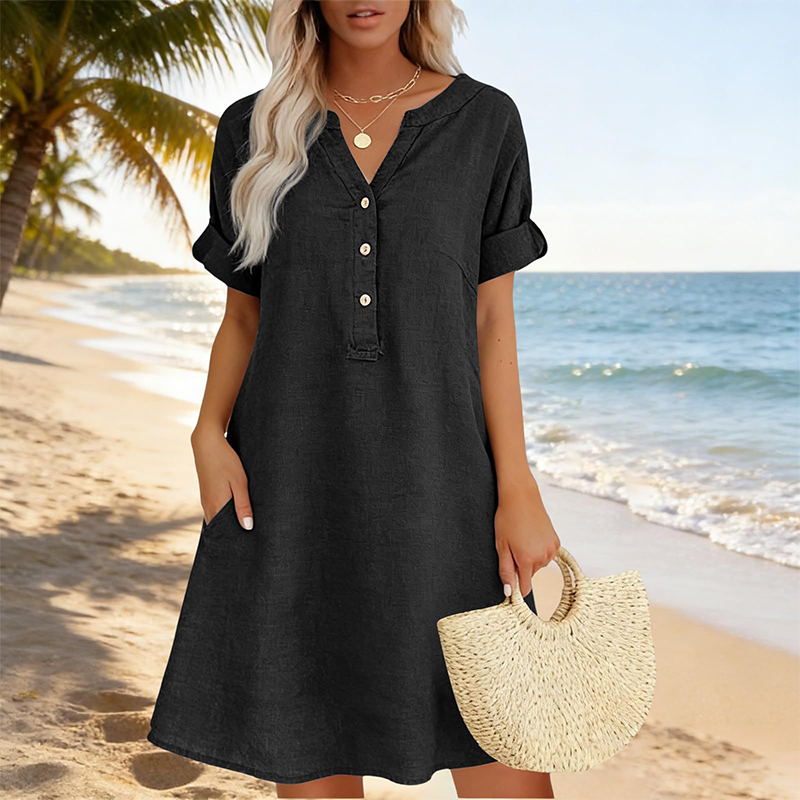 【S–2XL】👗Damska sukienka-tunika na co dzień z dekoltem w szpic i kieszeniami