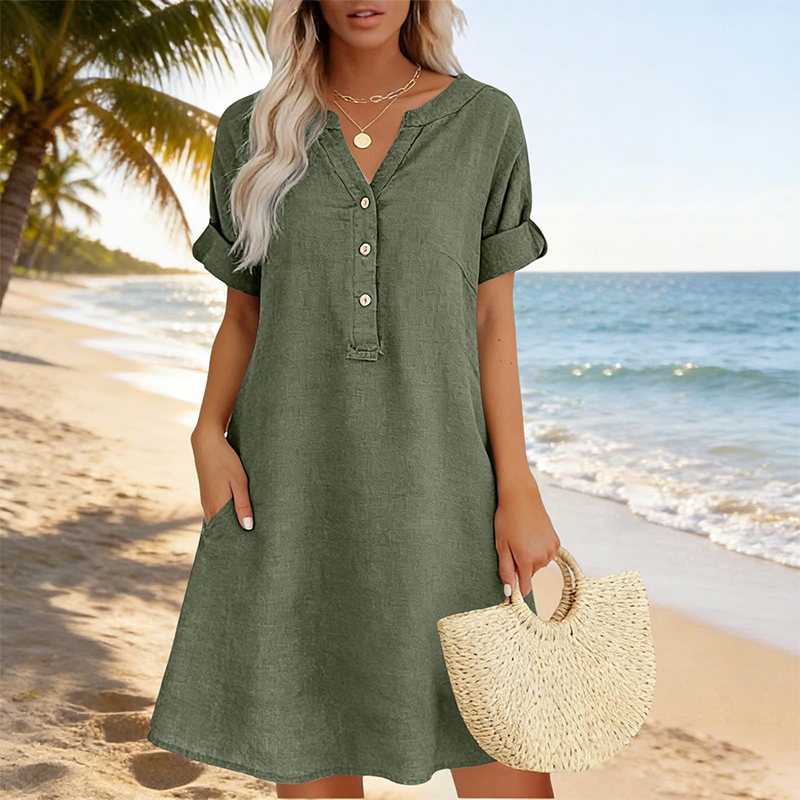 【S–2XL】👗Damska sukienka-tunika na co dzień z dekoltem w szpic i kieszeniami