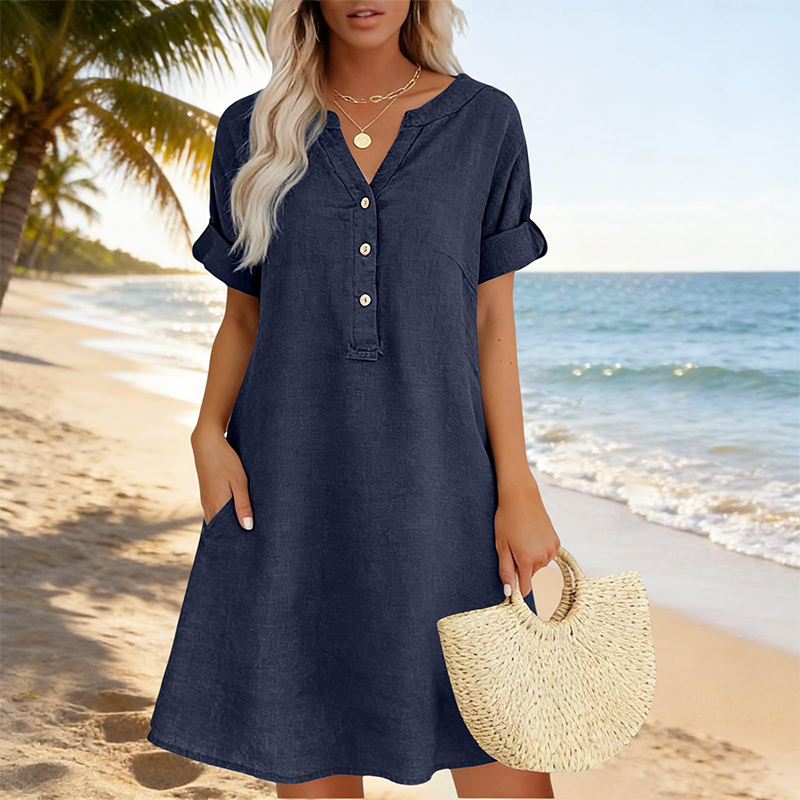 【S–2XL】👗Damska sukienka-tunika na co dzień z dekoltem w szpic i kieszeniami
