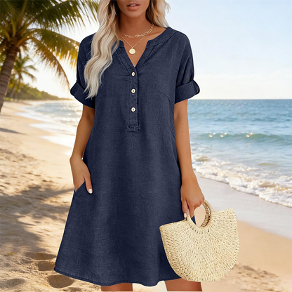 【S–2XL】👗Damska sukienka-tunika na co dzień z dekoltem w szpic i kieszeniami