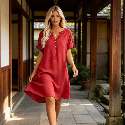 【S–2XL】👗Damska sukienka-tunika na co dzień z dekoltem w szpic i kieszeniami