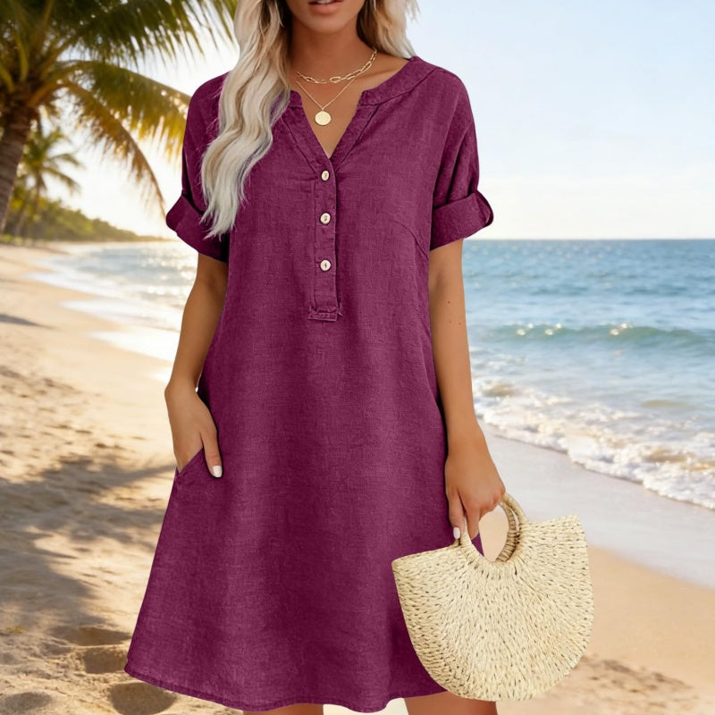 【S–2XL】👗Damska sukienka-tunika na co dzień z dekoltem w szpic i kieszeniami