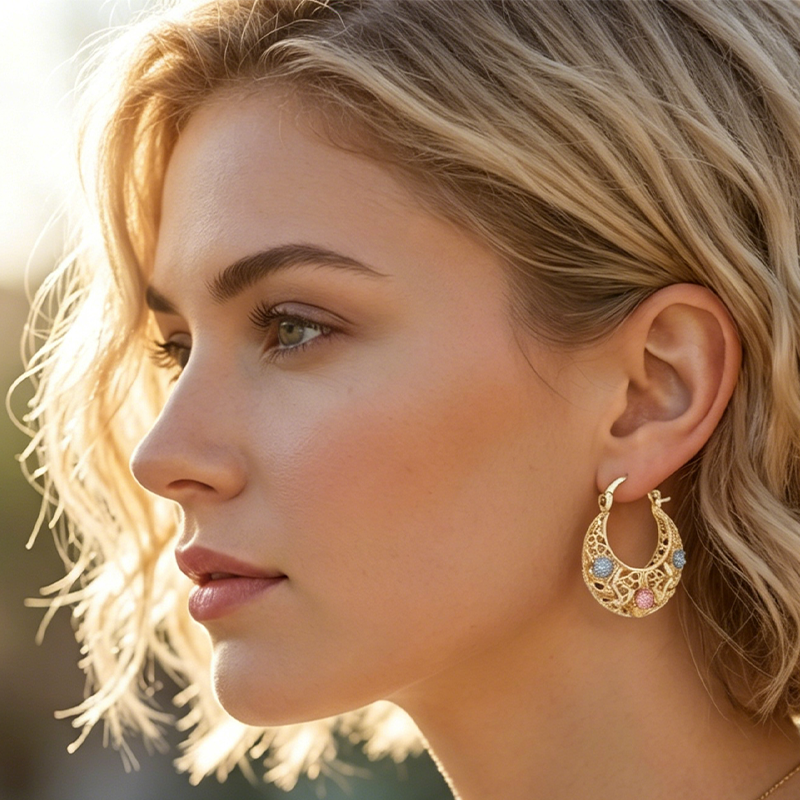 ✨Błyszcz elegancją – 🌙pozłacane kolczyki w kształcie półksiężyca z emaliowanymi kwiatami