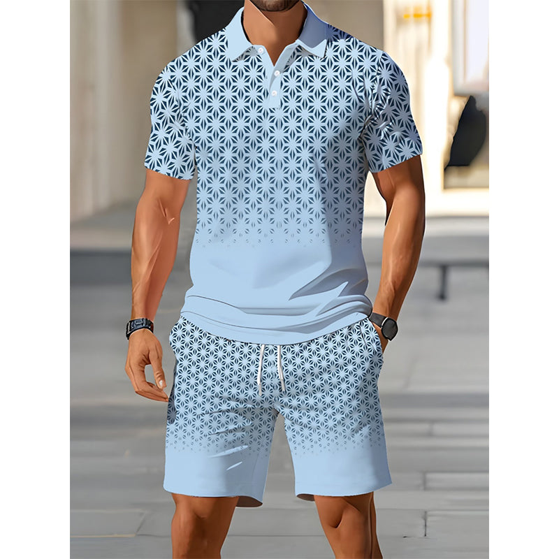 【💠S-5XL】👔Męski zestaw składający się z koszulki z geometrycznym wzorem i podwiniętym kołnierzem oraz szortów
