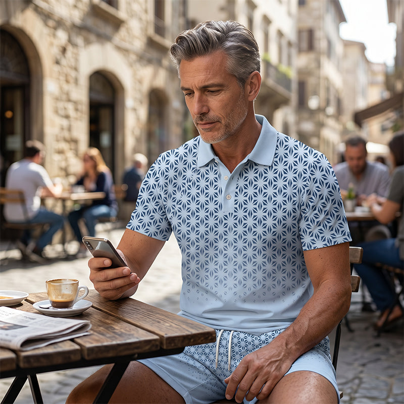 【💠S-5XL】👔Męski zestaw składający się z koszulki z geometrycznym wzorem i podwiniętym kołnierzem oraz szortów