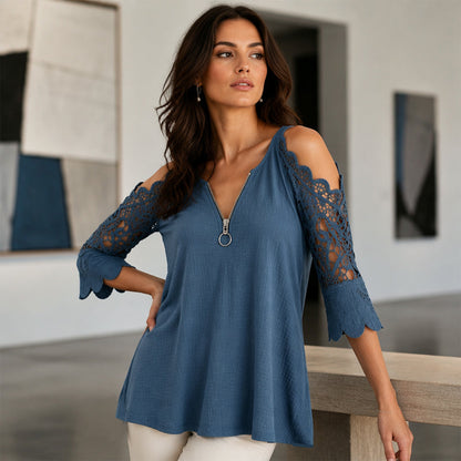 【S-5XL】👚Bluzka z koronką, z odkrytymi ramionami i zamkiem błyskawicznym z przodu