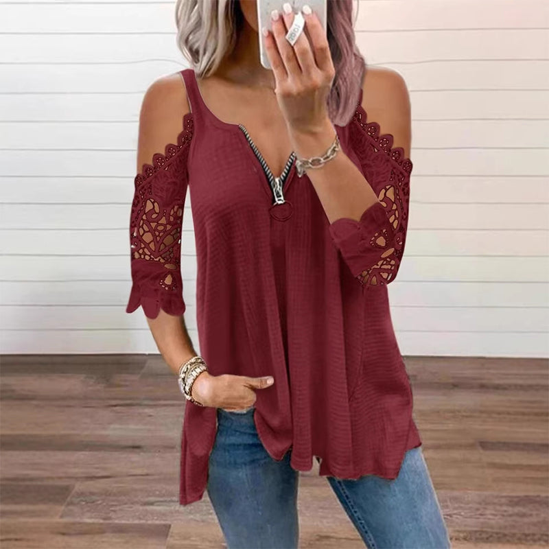 【S-5XL】👚Bluzka z koronką, z odkrytymi ramionami i zamkiem błyskawicznym z przodu