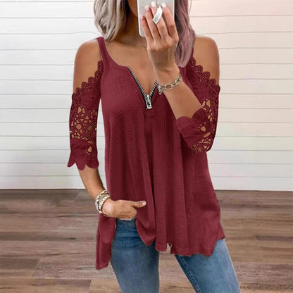 【S-5XL】👚Bluzka z koronką, z odkrytymi ramionami i zamkiem błyskawicznym z przodu