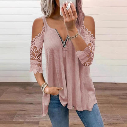 【S-5XL】👚Bluzka z koronką, z odkrytymi ramionami i zamkiem błyskawicznym z przodu