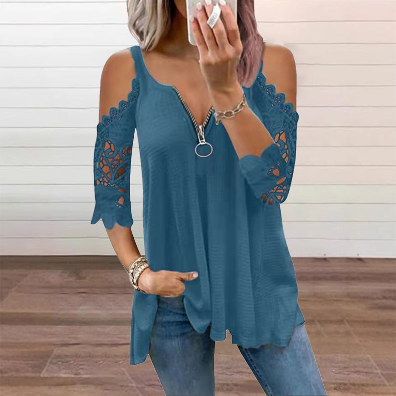 【S-5XL】👚Bluzka z koronką, z odkrytymi ramionami i zamkiem błyskawicznym z przodu