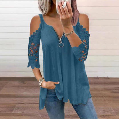 【S-5XL】👚Bluzka z koronką, z odkrytymi ramionami i zamkiem błyskawicznym z przodu