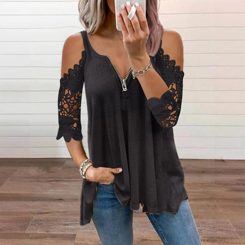 【S-5XL】👚Bluzka z koronką, z odkrytymi ramionami i zamkiem błyskawicznym z przodu