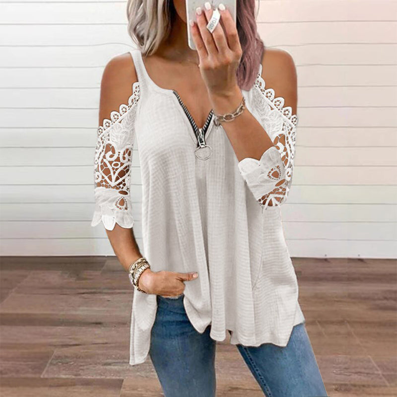 【S-5XL】👚Bluzka z koronką, z odkrytymi ramionami i zamkiem błyskawicznym z przodu