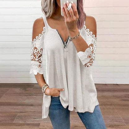 【S-5XL】👚Bluzka z koronką, z odkrytymi ramionami i zamkiem błyskawicznym z przodu