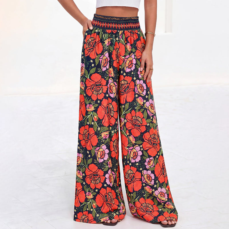 【S-2XL】🌺Damskie spodnie w kwiatowy wzór, z wysokim stanem i szerokimi nogawkami