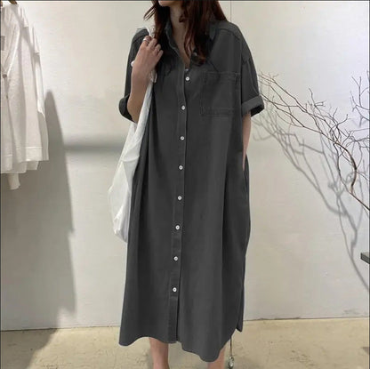 【S-4XL】👗Dżinsowy strój o luźnym kroju z wycięciem zapinanym na guziki