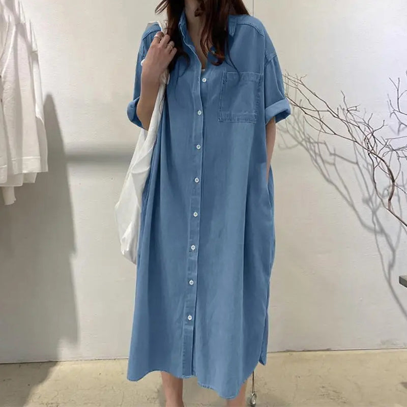 【S-4XL】👗Dżinsowy strój o luźnym kroju z wycięciem zapinanym na guziki
