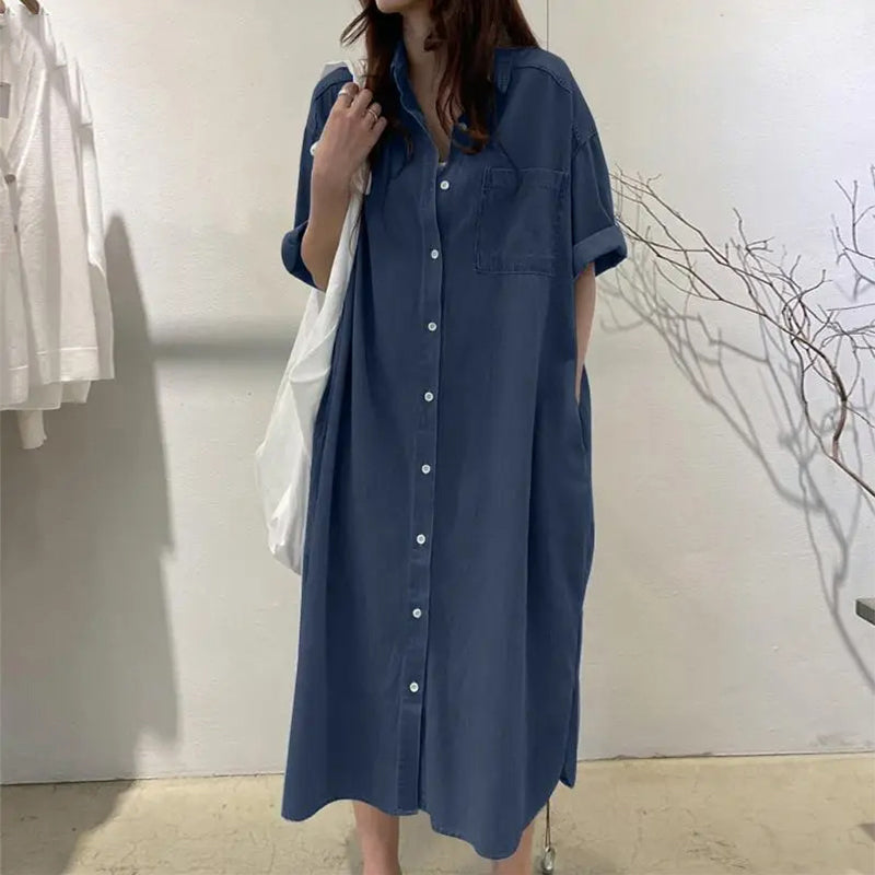 【S-4XL】👗Dżinsowy strój o luźnym kroju z wycięciem zapinanym na guziki